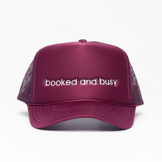 Booked and Busy Trucker Hat Burgundy